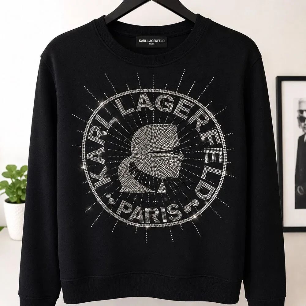 Karl Lagerfeld Paris Rhinestone Logo Sweatshirt Black Graphic Pullover M
